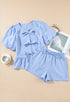 Sky Blue Striped Bowknot Detail Puffy Sleeve Top and Shorts 2Pcs Set